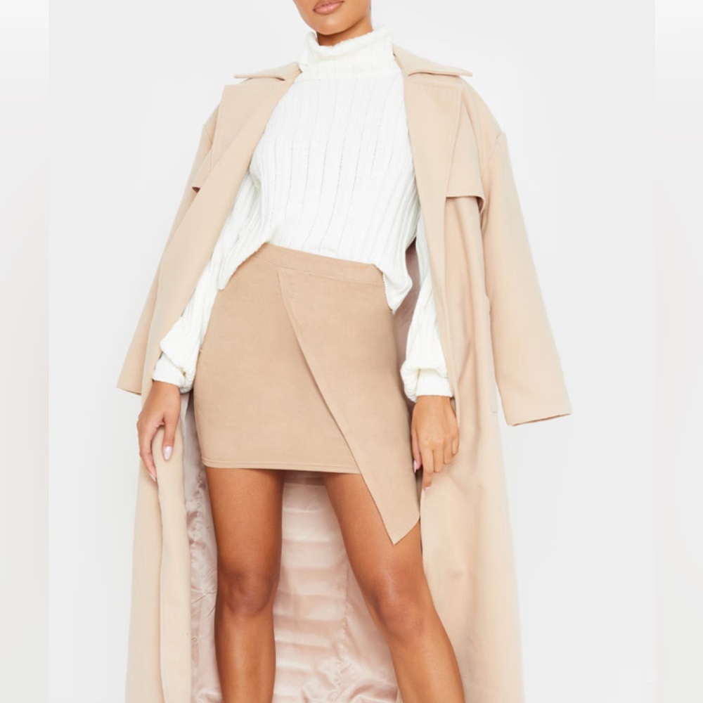 Camel Faux Suede Wrap Mini Skirt